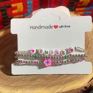 Handmade Bracelet Set - Pink, Green, Silver Elastic Stretch 6”